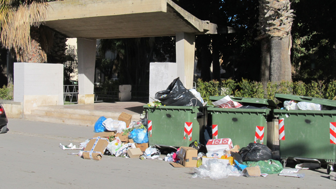 Cassonetti stracolmi di rifiuti accanto alla villa comunale